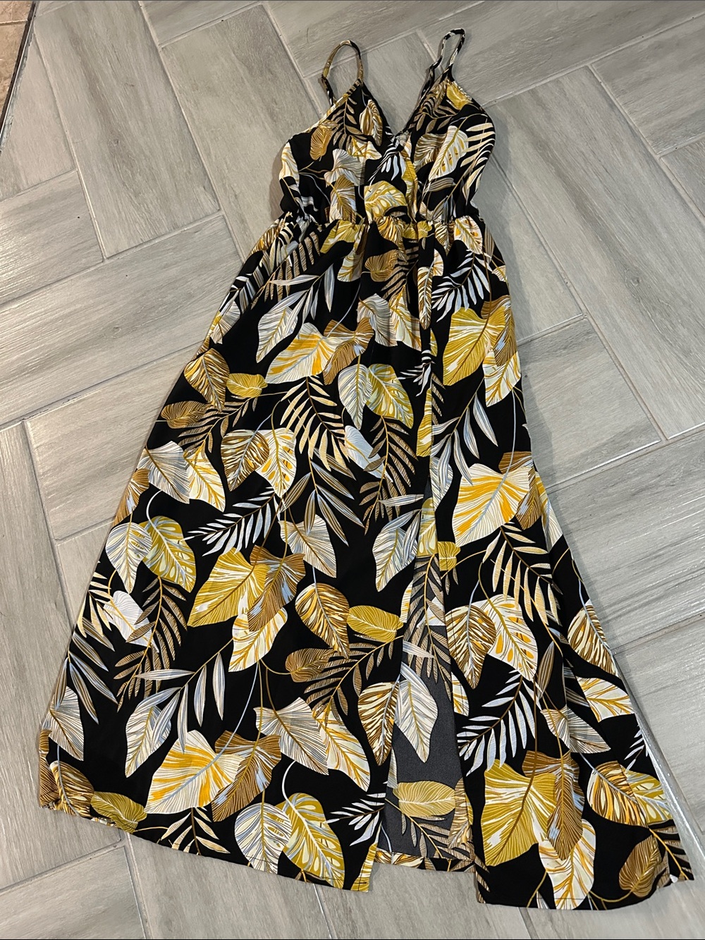 Women L Black & Gold & White Leaf Print Maxi Dress with Split & spaghetti strap
